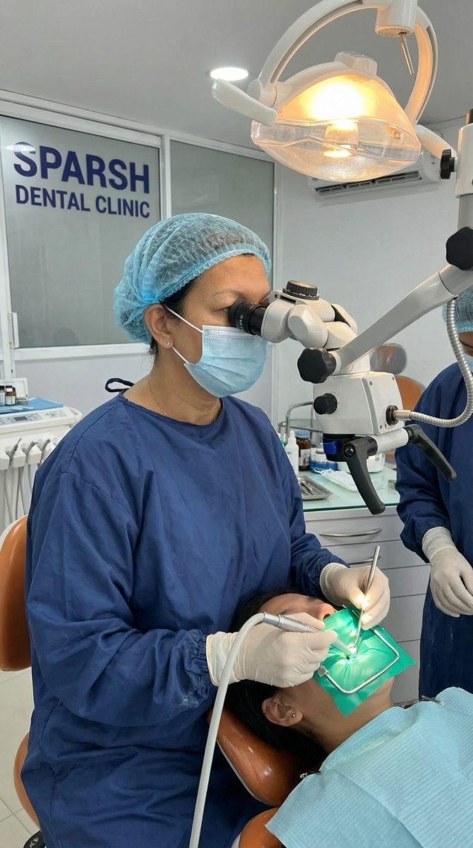 Dr. Deepti Shrestha performing microscopic restorative examination at Sparsh Dental Clinic